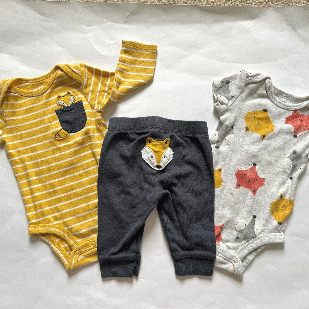 Carter's Baby Boy 3 Piece Matching Set Fall Fox Yellow Navy Size 3M